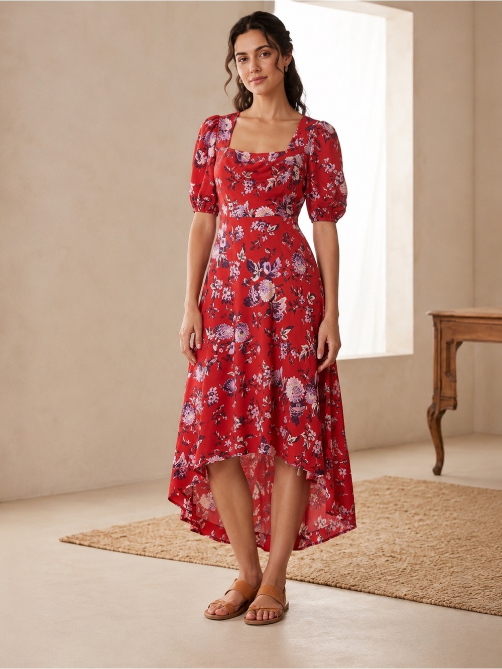 Maeve by Anthropologie Red Floral High-Low Midi Dress | US 8